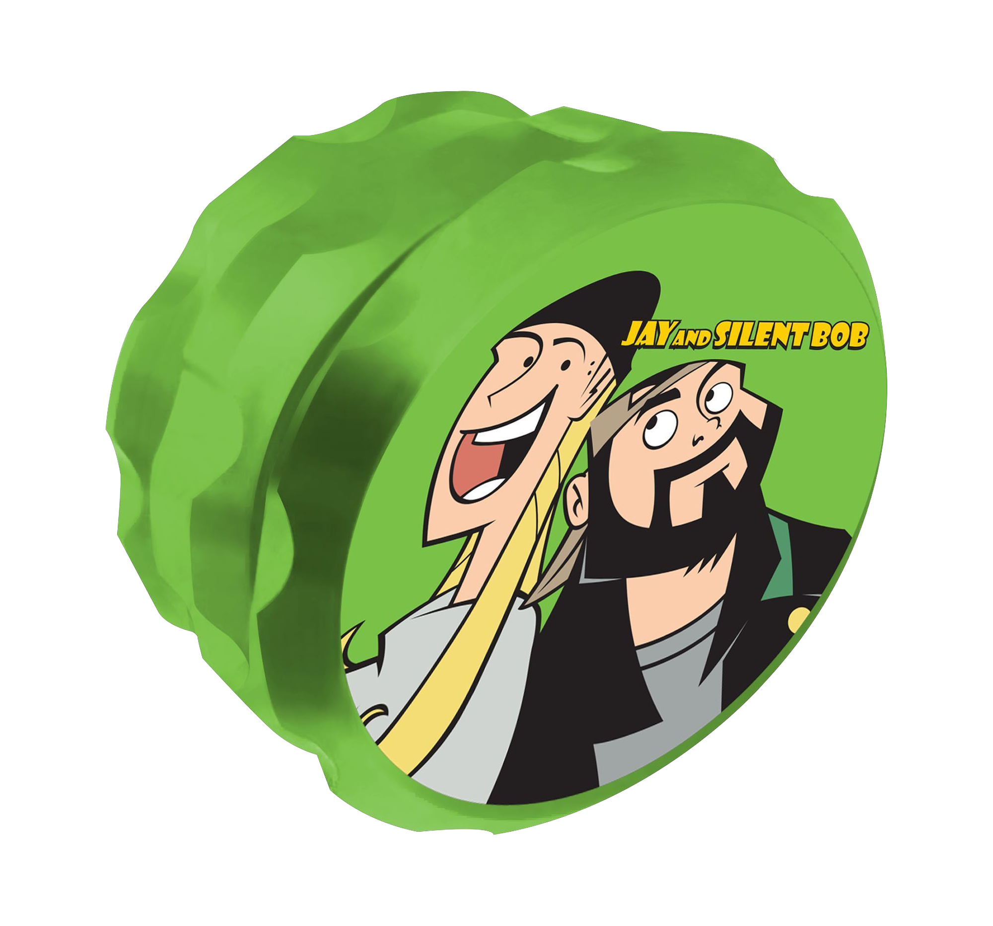 Front view of the Jay and Silent Bob Grinder, featuring a cartoon depiction of the duo on a green background.