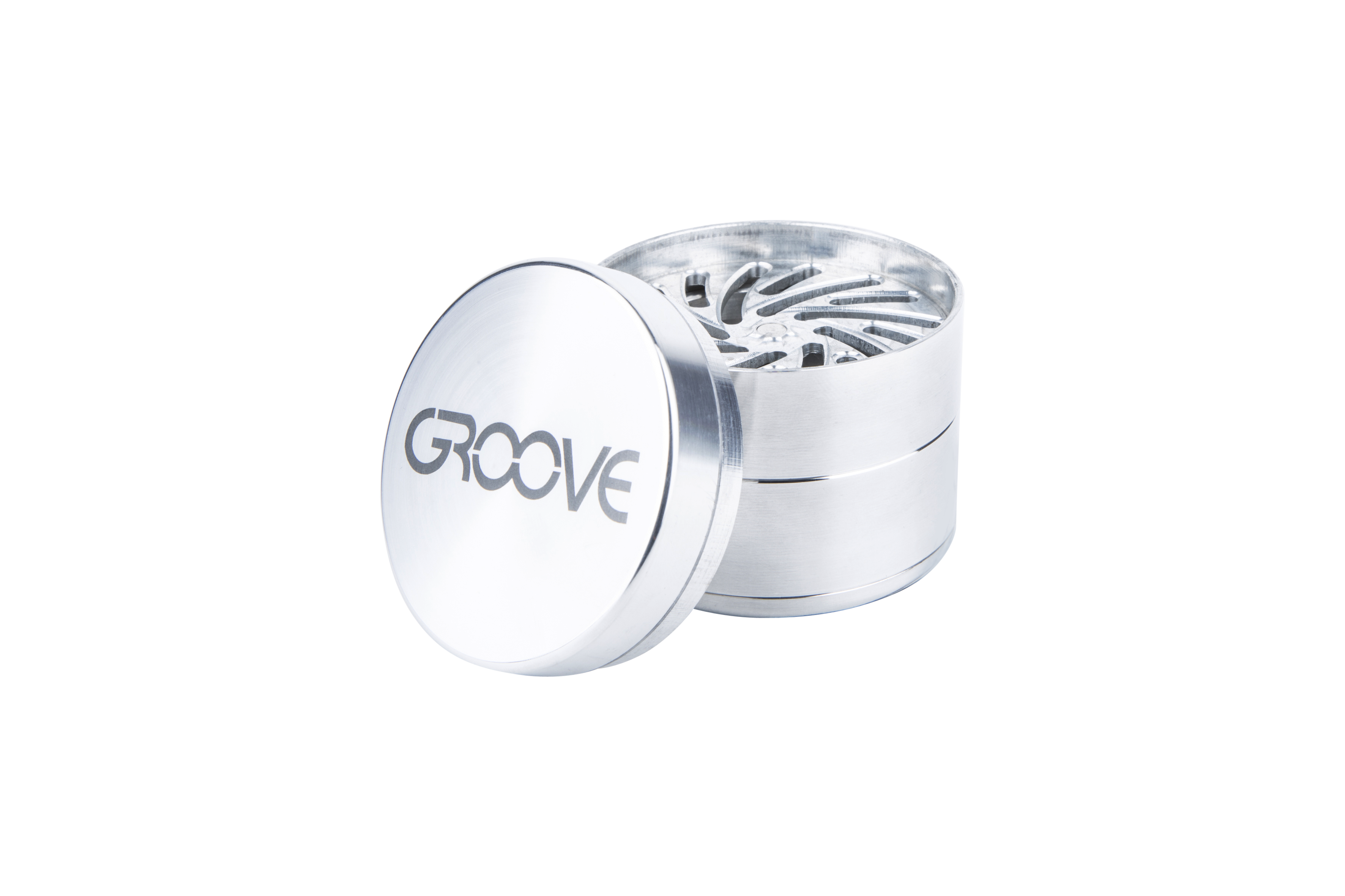 An open Aerospaced Groove 4-Piece Aluminum Grinders showing its four-part construction and metallic finish in a product shot.