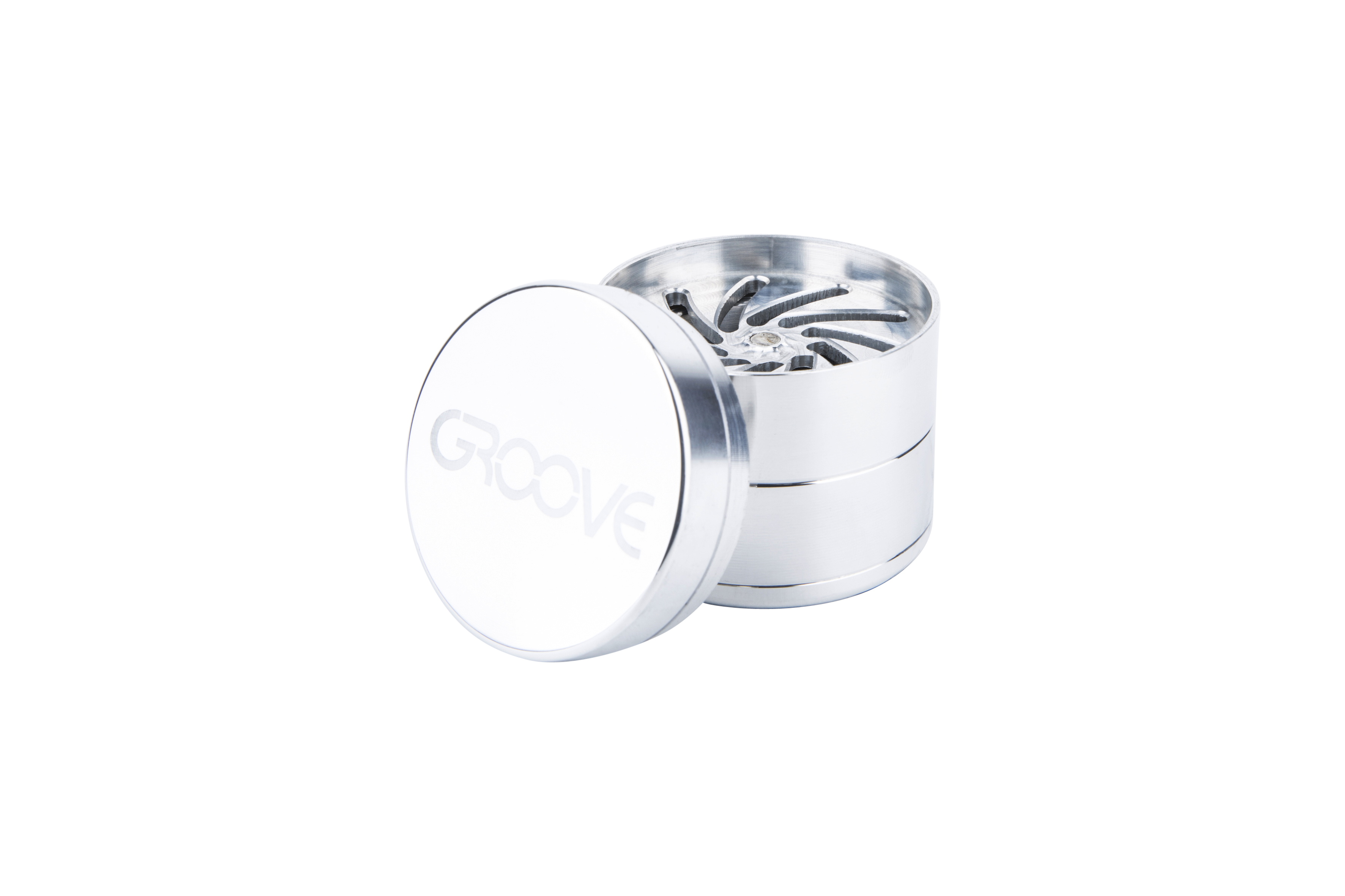 A slightly angled view of the Aerospaced Groove 4-Piece Aluminum Grinders, showing its metallic finish and circular design.
