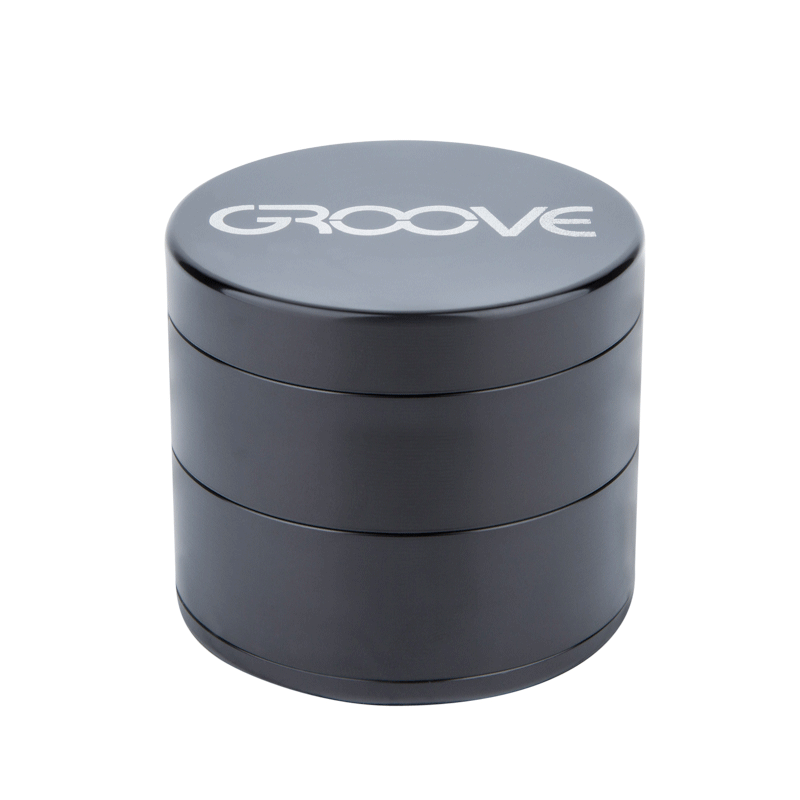 A studio shot of the Aerospaced Groove 4-Piece Aluminum Grinders, showcasing its cylindrical, four-section design.
