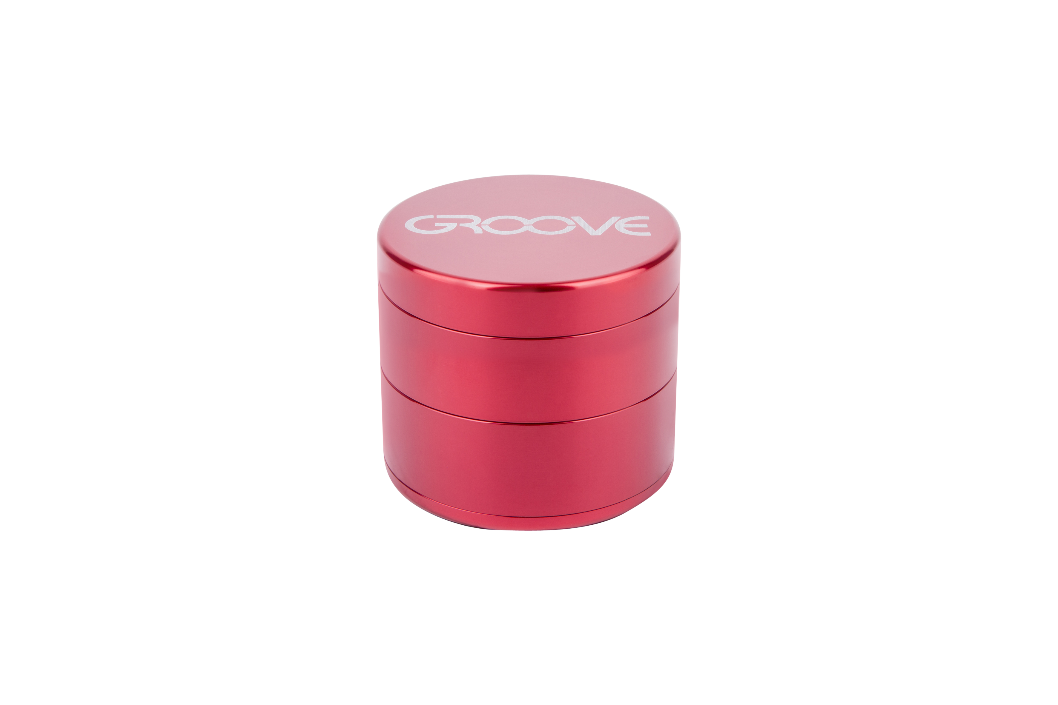 A close-up, angled view of the Aerospaced Groove 4-Piece Aluminum Grinders, showcasing its multi-tiered metallic design.