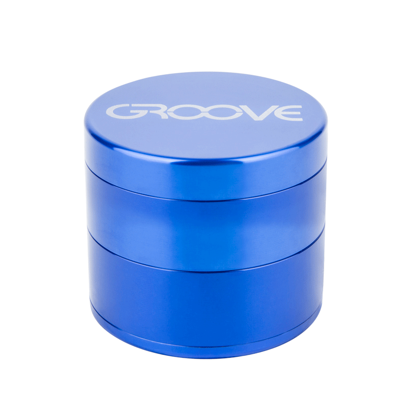 A studio shot of the Aerospaced Groove 4-Piece Aluminum Grinders, showcasing the four-tiered cylindrical design in a metallic blue finish.