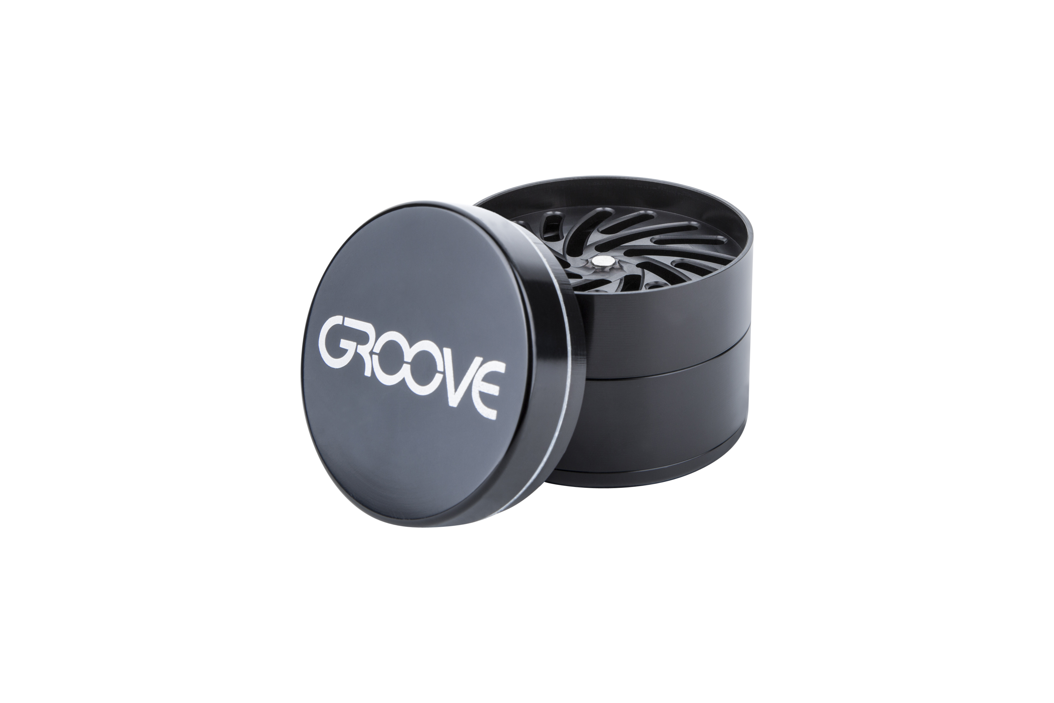 A close-up of the Aerospaced Groove 4-Piece Aluminum Grinders, showing its circular, multi-tiered design against a neutral background.