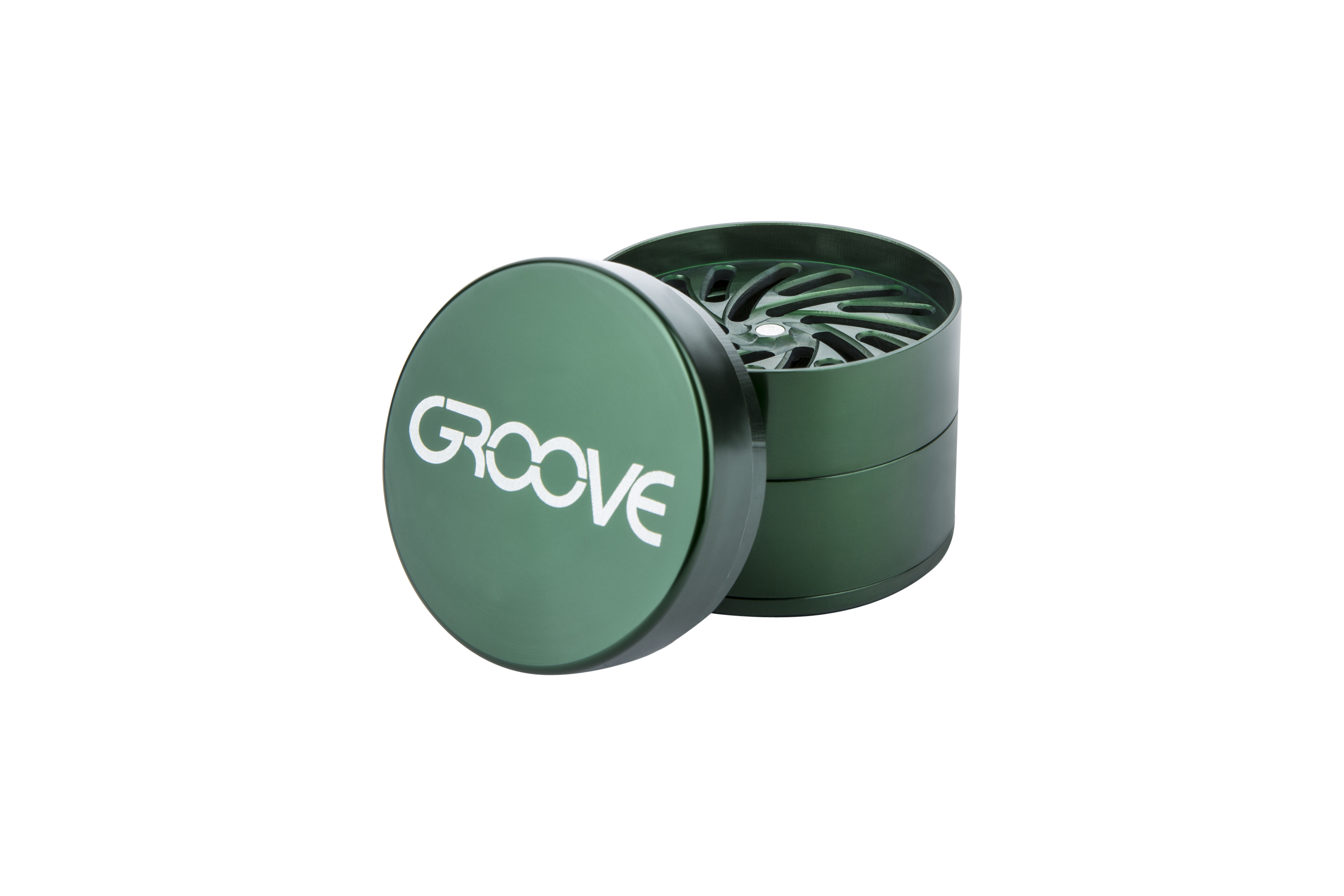 A slightly open Aerospaced Groove 4-Piece Aluminum Grinder, captured in a close-up, angled shot against a plain white backdrop.