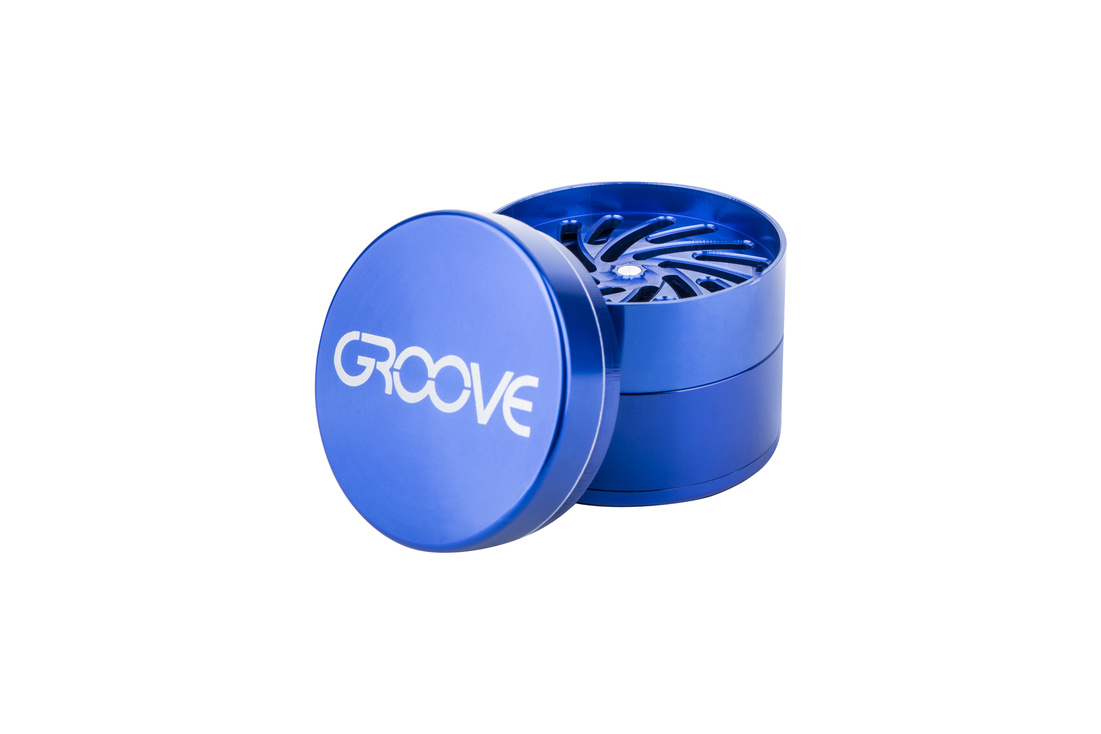A close-up, angled view of the Aerospaced Groove 4-Piece Aluminum Grinders, showcasing its metallic blue finish and circular design.