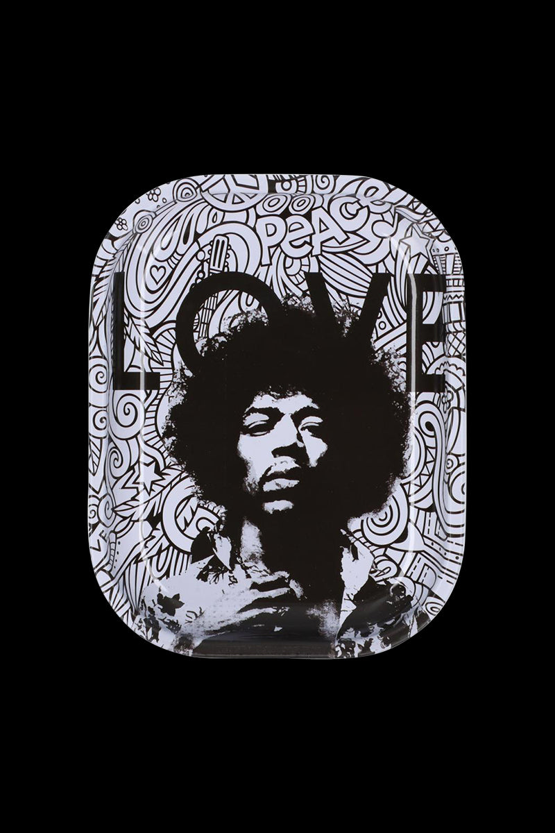 Top-down view of the Rock Legends "Jimi Love" Rolling Tray showing a black-and-white portrait of Jimi Hendrix over psychedelic doodles and the word "LOVE."