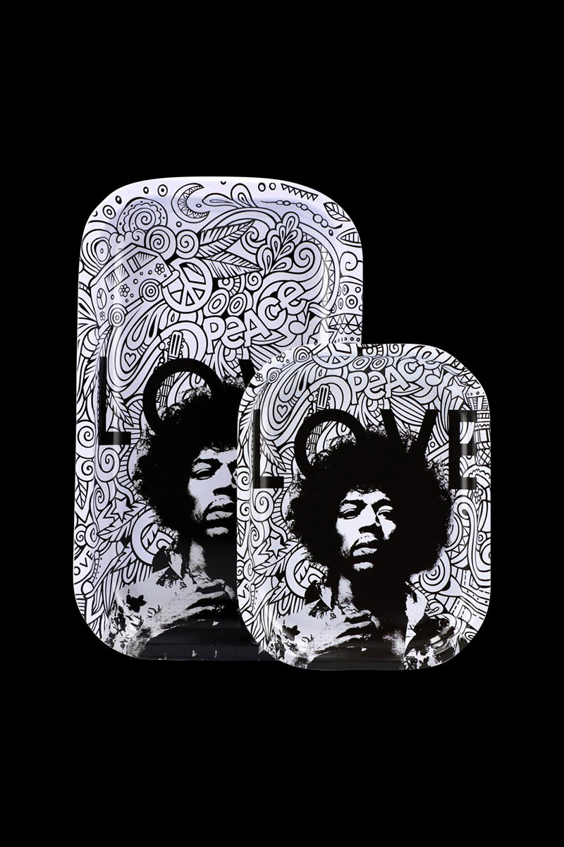 Front view of two overlapping Rock Legends "Jimi Love" Rolling Tray pieces showing a black-and-white Jimi portrait over psychedelic doodles.