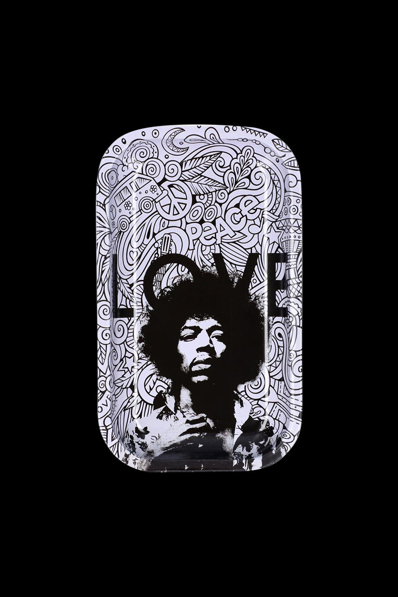 Top-down view of the Rock Legends "Jimi Love" Rolling Tray showing a black-and-white Jimi Hendrix portrait over swirling psychedelic doodles.