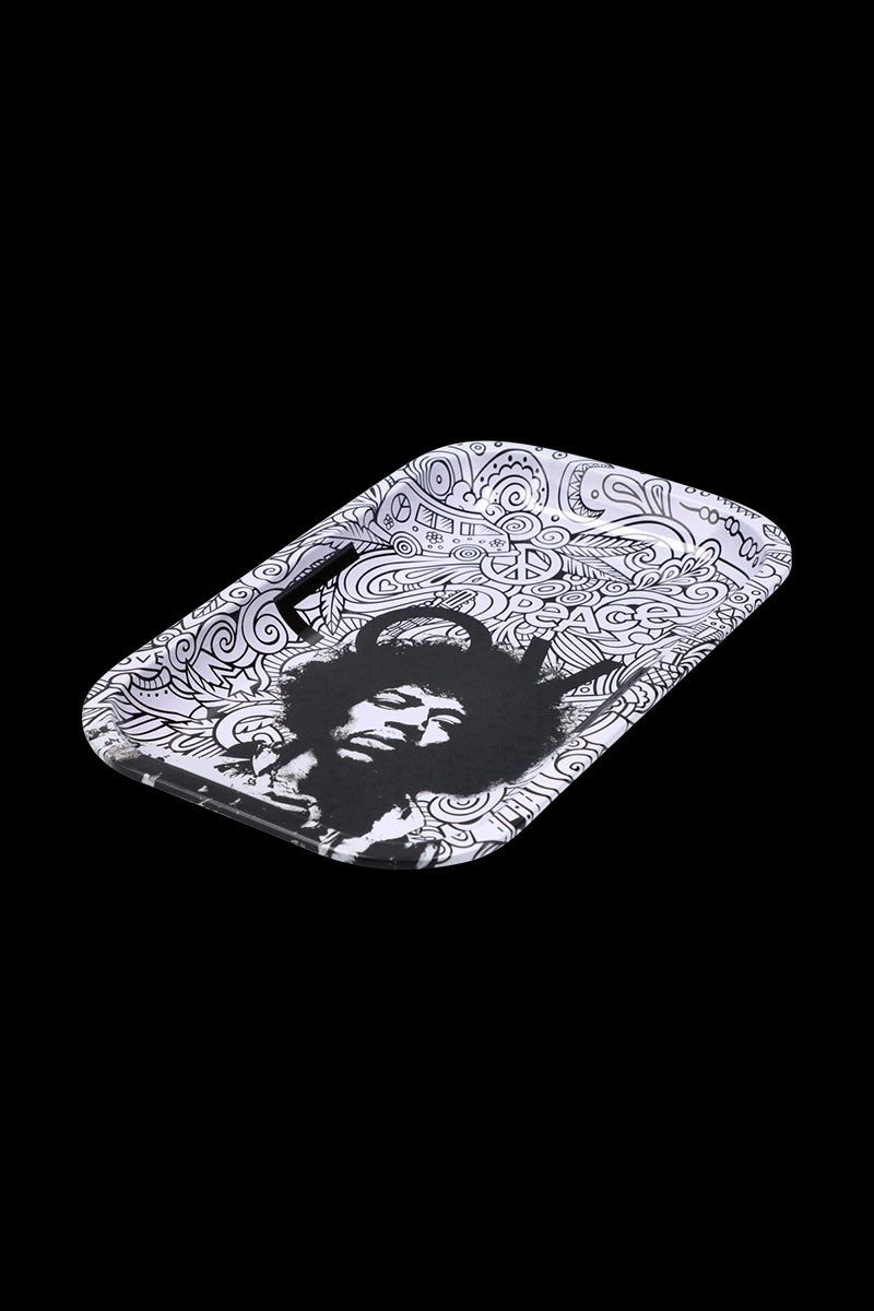 Angled top-down view of the Rock Legends "Jimi Love" Rolling Tray showing a black-and-white Jimi Hendrix portrait amid intricate doodle patterns on a black background
