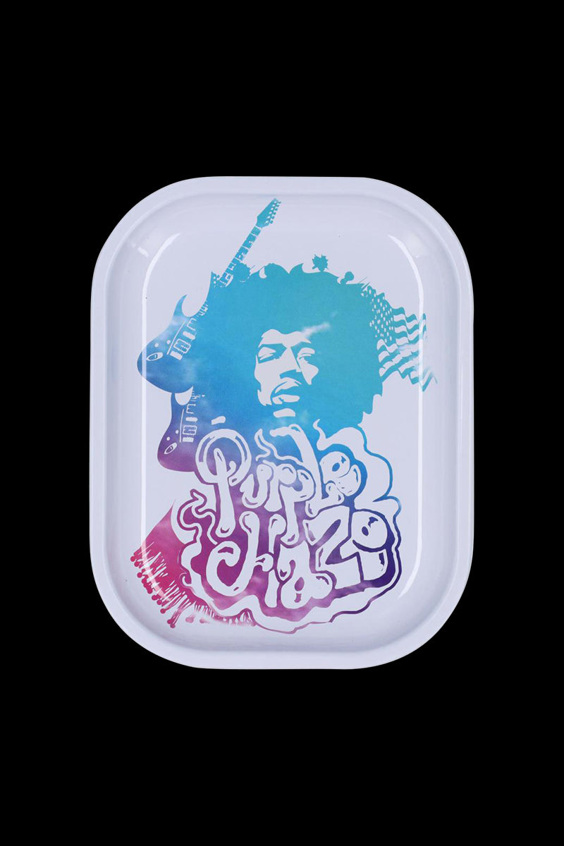 Top-down view of the Famous Brandz Jimi Purple Haze Rolling Tray showing a white tray with a blue-to-purple Jimi Hendrix silhouette and stylized "Purple Haze" text.