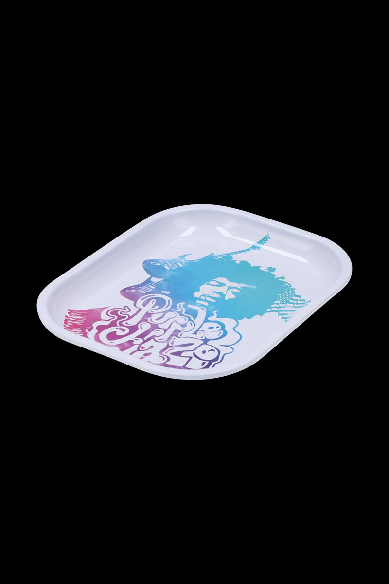 Angled studio shot of a white Famous Brandz Jimi Purple Haze Rolling Tray with a blue-to-purple Jimi Hendrix graphic on a black background