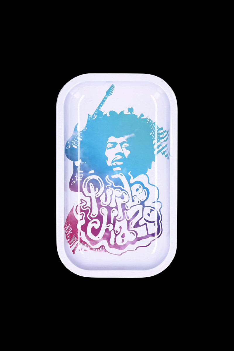 Top-down view of a small Famous Brandz Jimi Purple Haze Rolling Tray with a blue-purple silhouette of Jimi Hendrix, guitar and stylized "Purple Haze" text.