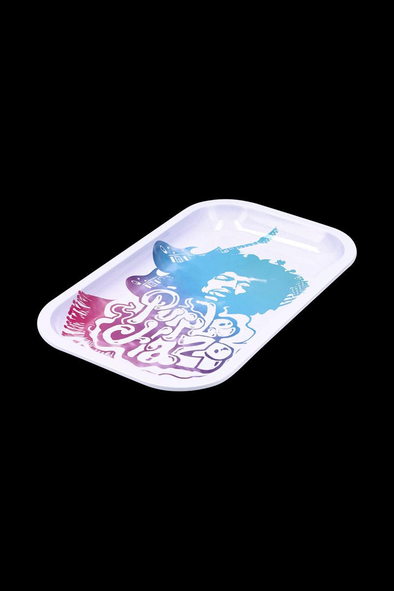 Angled view of the Famous Brandz Jimi Purple Haze Rolling Tray on black, showing a blue-and-pink Jimi Hendrix silhouette and stylized text.