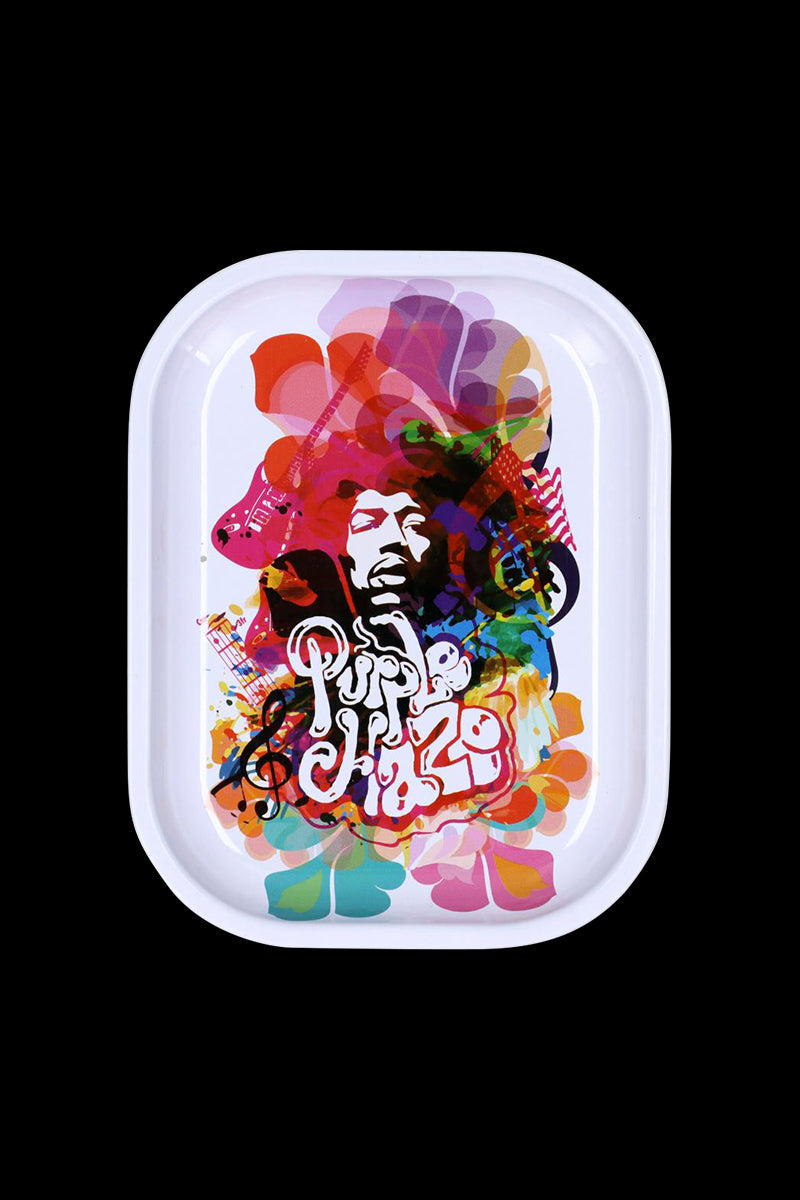 Top-down view of the Famous Brandz Rolling Tray - Jimi Rainbow Haze showing a white small tray with a colorful psychedelic portrait.