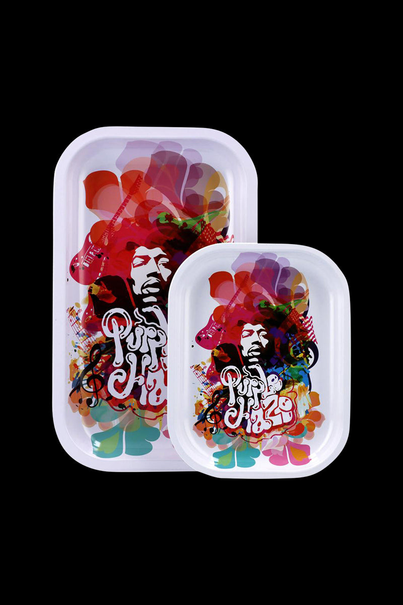 Front-facing medium Famous Brandz Rolling Tray - Jimi Rainbow Haze showing two nested white trays with a colorful psychedelic portrait and floral guitar collage on a black background