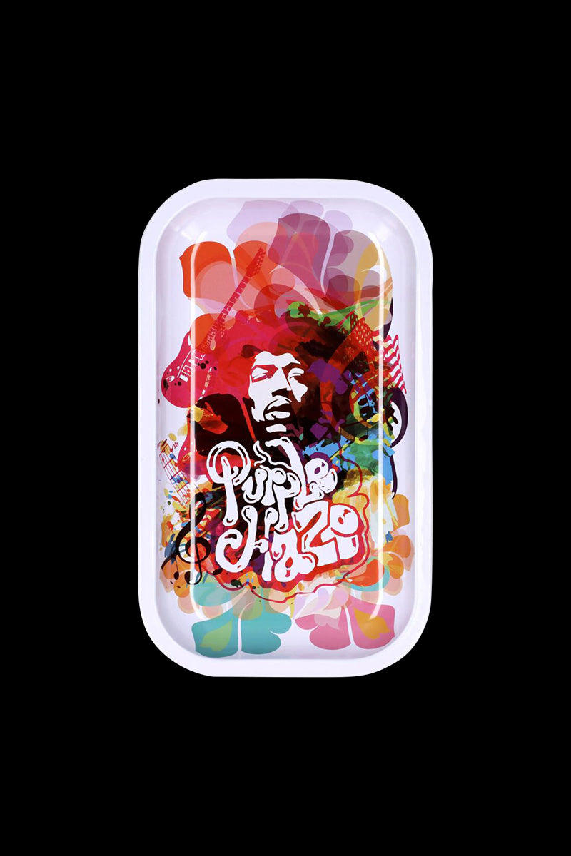 Top-down view of the Famous Brandz Rolling Tray - Jimi Rainbow Haze showing a colorful, layered psychedelic portrait and floral motifs on a white rimmed tray.