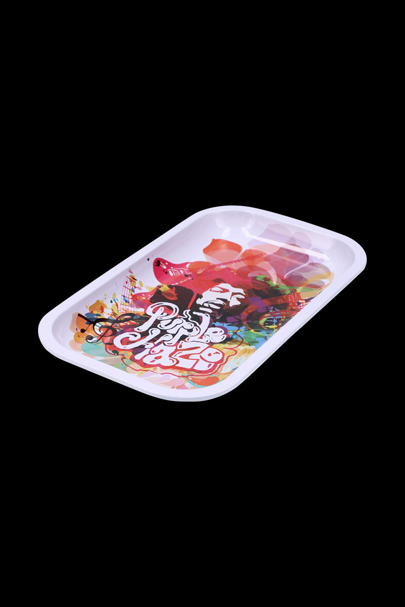 Angled top view of the Famous Brandz Rolling Tray - Jimi Rainbow Haze showing a colorful psychedelic portrait and white rim.
