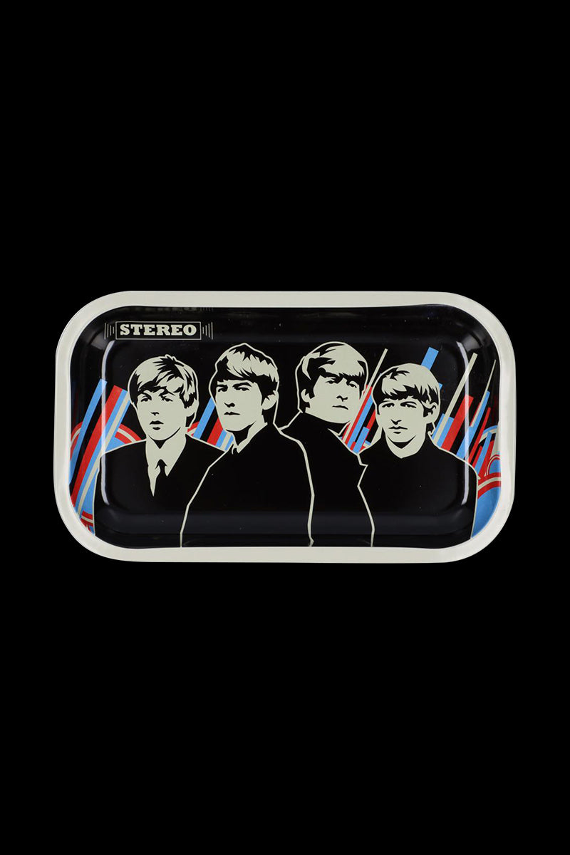 Top-down view of the Rock Legends "Fab4 Rubber Soul" Rolling Tray showing stylized black-and-white portraits of the four band members with red and blue graphic accents.