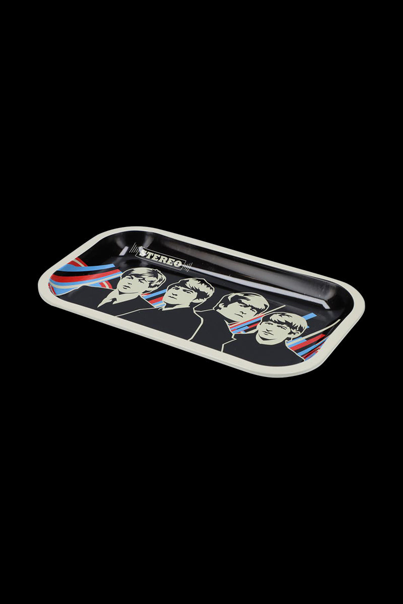 Angled view of the Rock Legends "Fab4 Rubber Soul" Rolling Tray on a black background showing four stylized Beatles heads and red‑blue ribbon graphics.