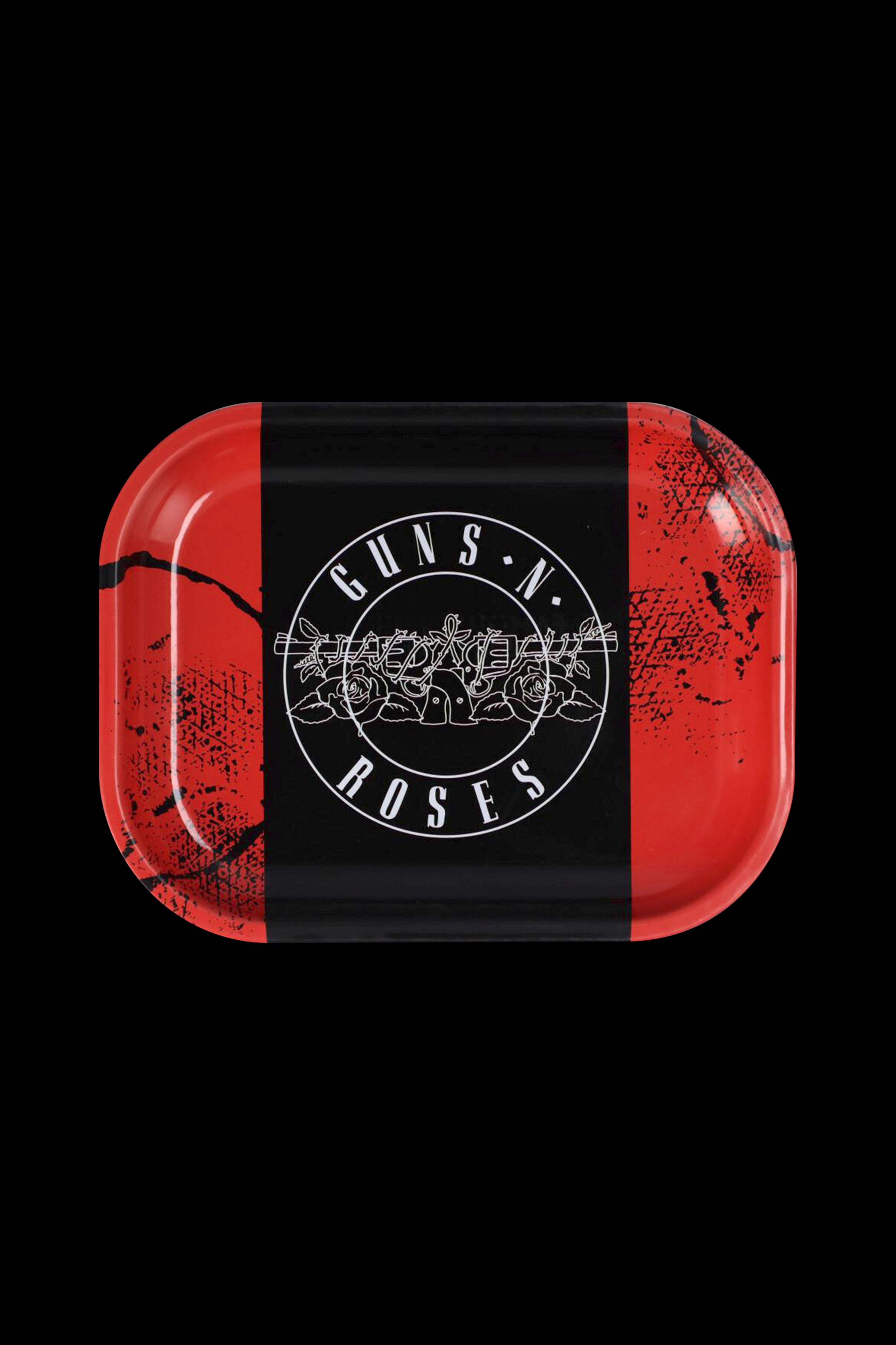 Black rolling tray featuring a white Guns N' Roses logo with floral accents, set against a red, textured background.