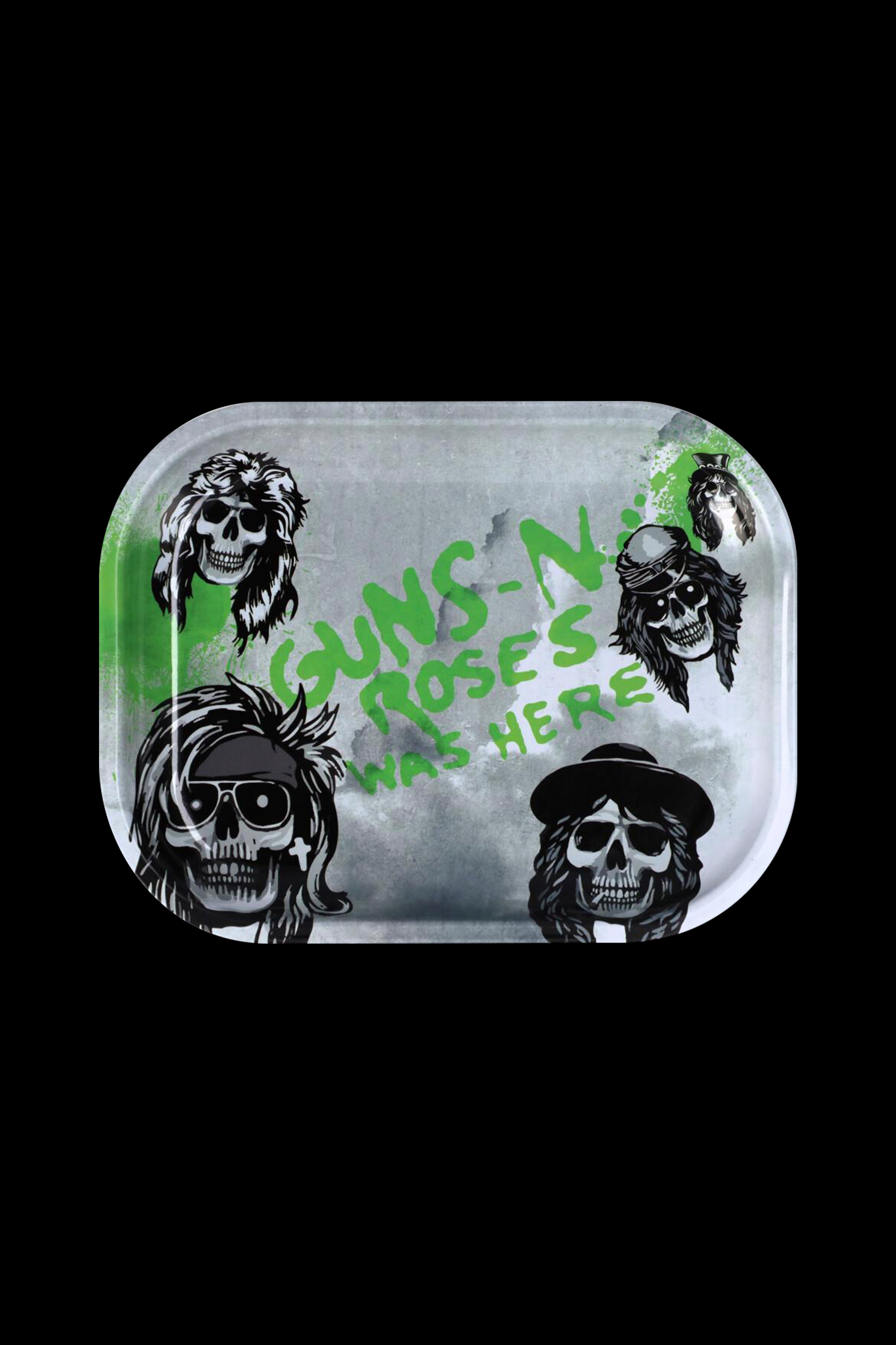 A rectangular metal rolling tray featuring stylized skull illustrations of the band Guns N' Roses with green lettering reading “Guns N’ Roses Was Here.”