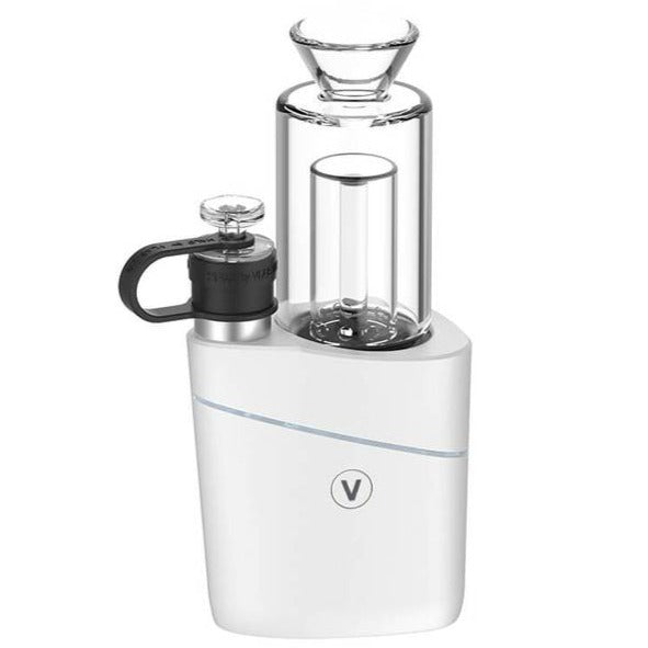 Three-quarter view of the white VLAB Halo V2 Smart E-Rig with a clear cylindrical glass water chamber and black mouthpiece strap against a white background.