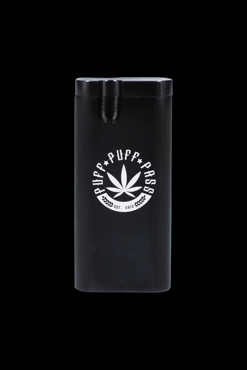 Front view of the Aluminum Dugout - Large, a sleek, silver-toned metal container with a minimalist design and subtle branding.