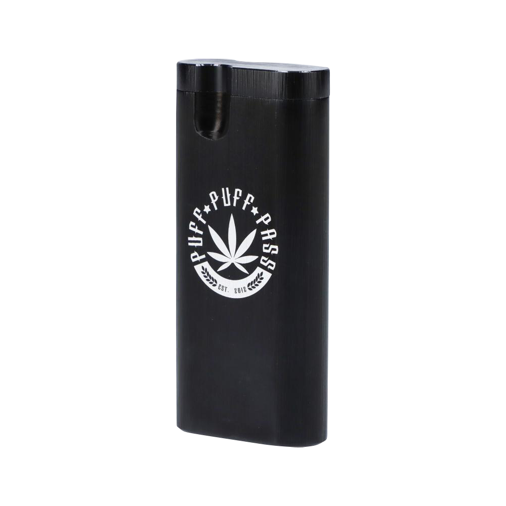 A sleek, angled view of the Aluminum Dugout - Large, featuring a dark metallic finish and minimalist design.