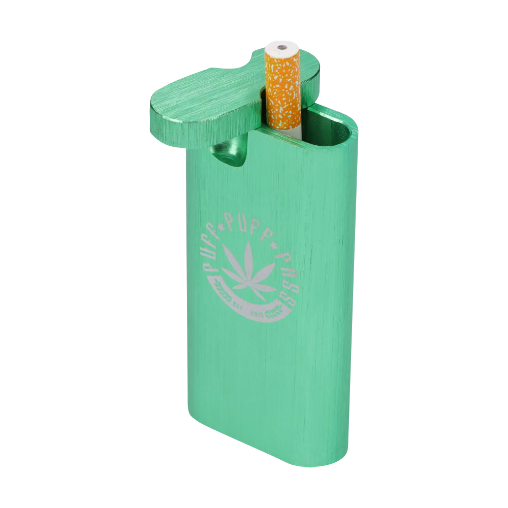 A close-up, angled view of the Aluminum Dugout - Large, displaying a partially smoked joint inserted into its open slot.