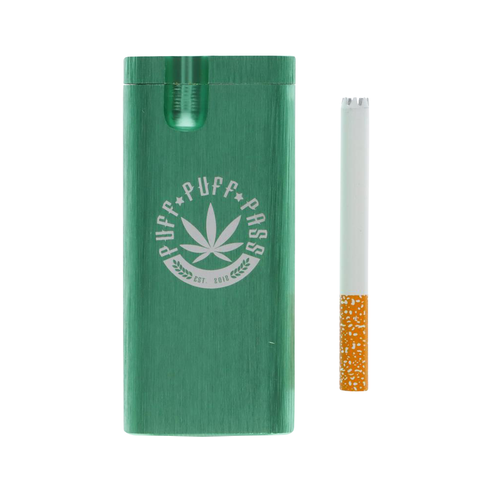 A close-up of the Aluminum Dugout - Large, showing a partially smoked joint protruding from its silver metallic casing.