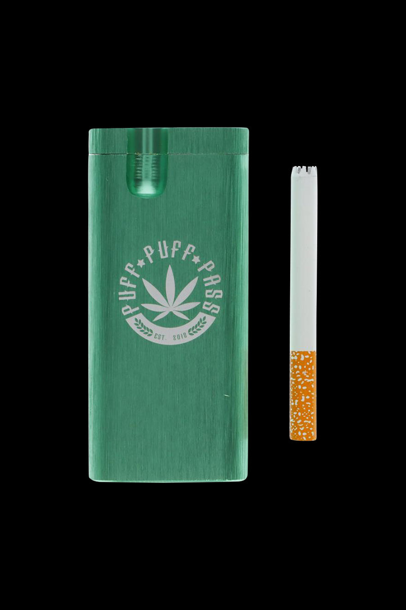 A close-up of the Aluminum Dugout - Large, featuring a partially smoked cigarette resting within its open slot.