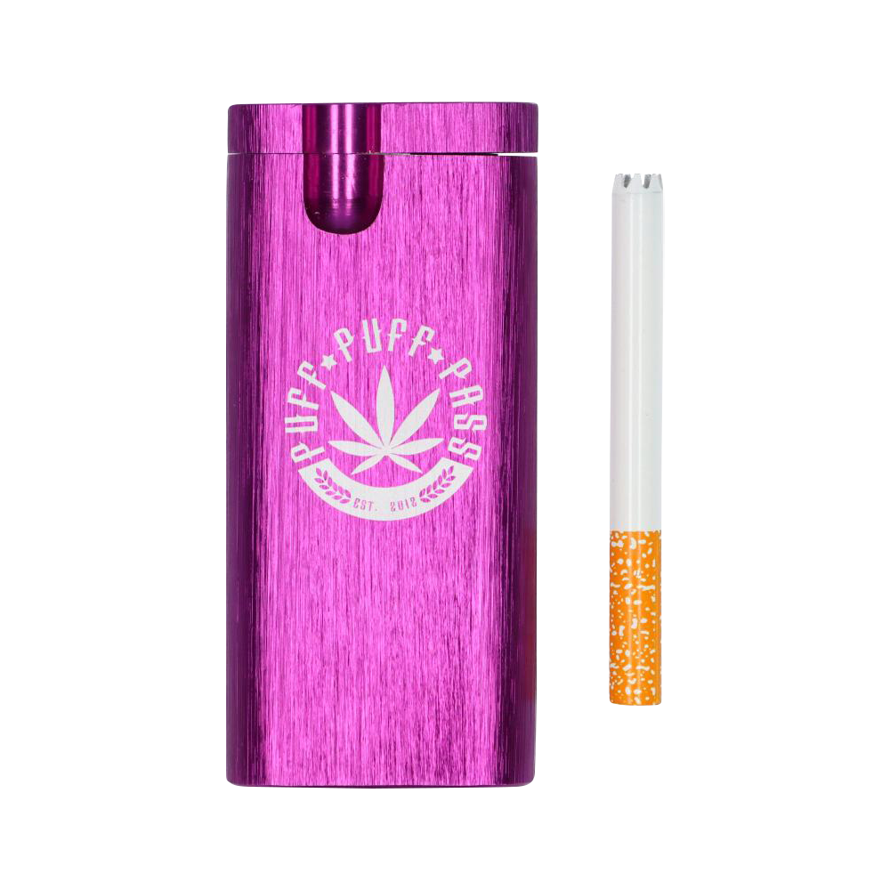 A side view of the Aluminum Dugout - Large, showcasing its metallic purple finish and a partially smoked cigarette inserted into the top.