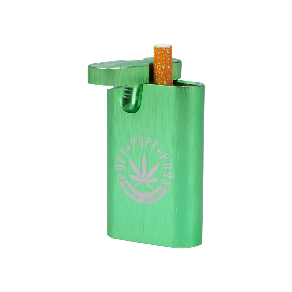 The Aluminum Dugout is displayed at a slight angle with a partially smoked joint visible inside its open compartment.