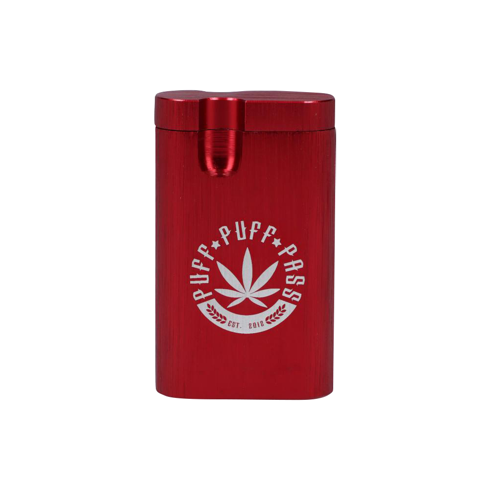 Front view of the Aluminum Dugout, a sleek, red metal container with a simple, minimalist design.