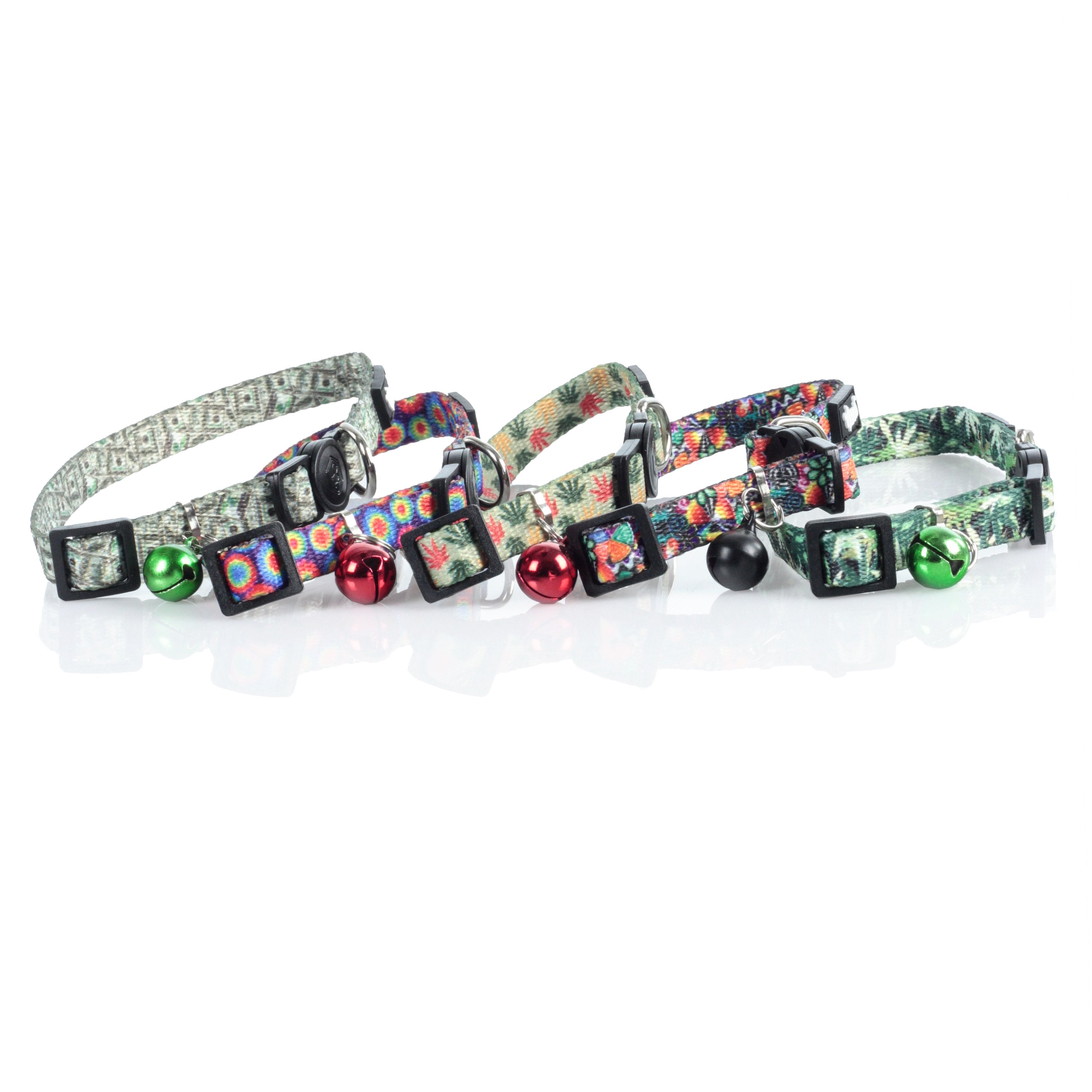 A close-up, angled view of the HeadyPet Cat Collar, showcasing its patterned design against a plain white backdrop.