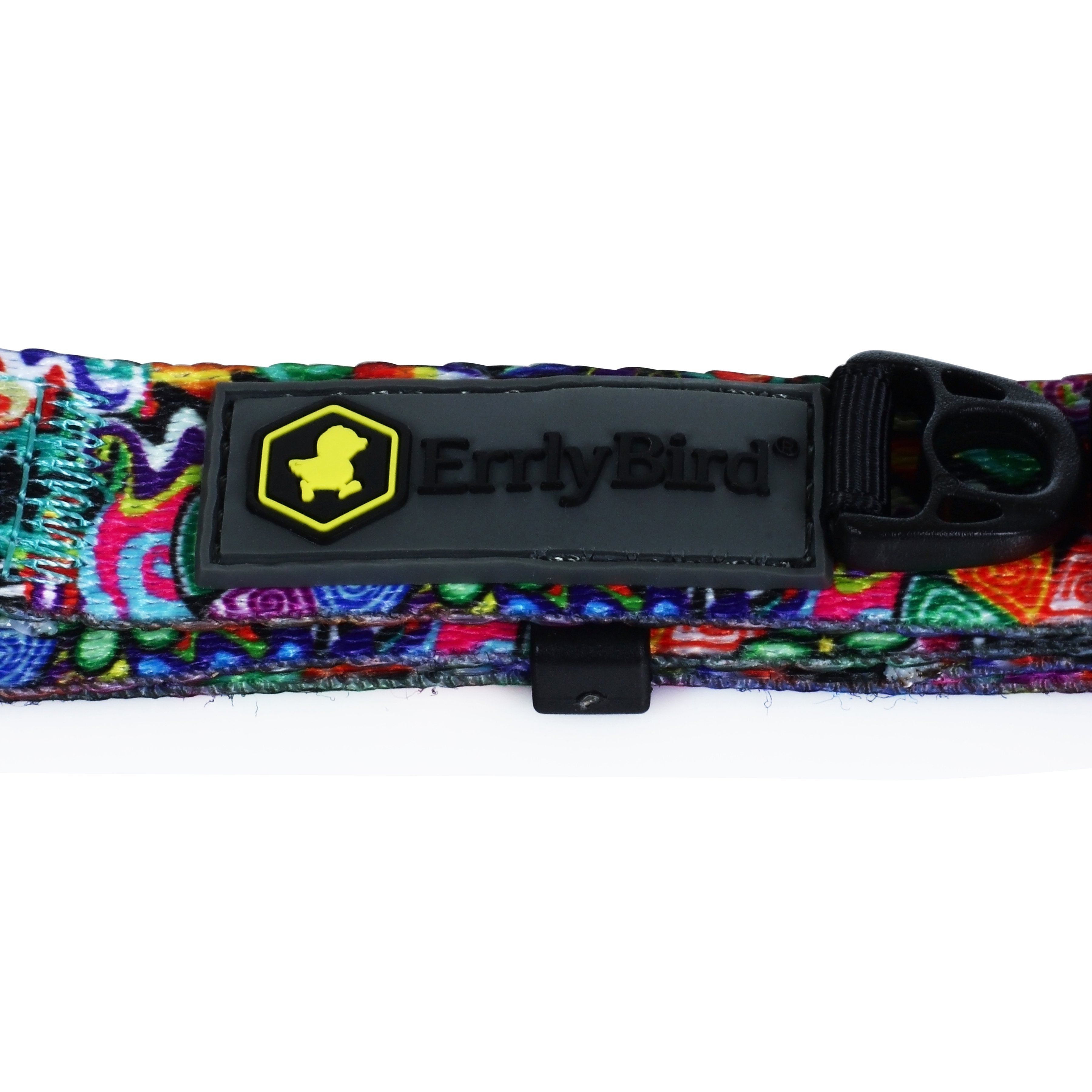 Close-up of the HeadyPet OG Collar, displaying a colorful, patterned design with a black buckle closure.