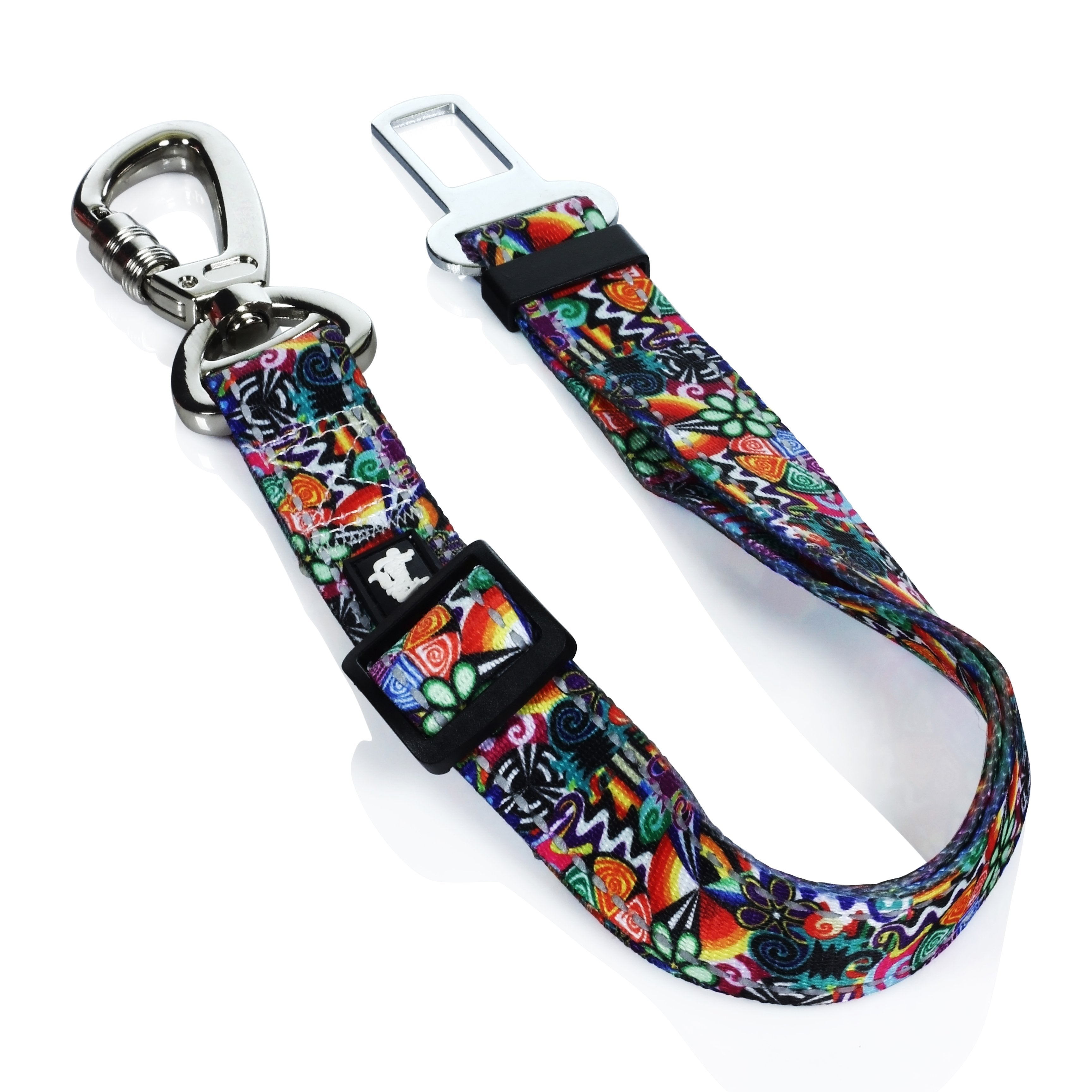A close-up, angled view of the HeadyPet Seat Belt, showing its colorful patterned fabric and metal buckle.