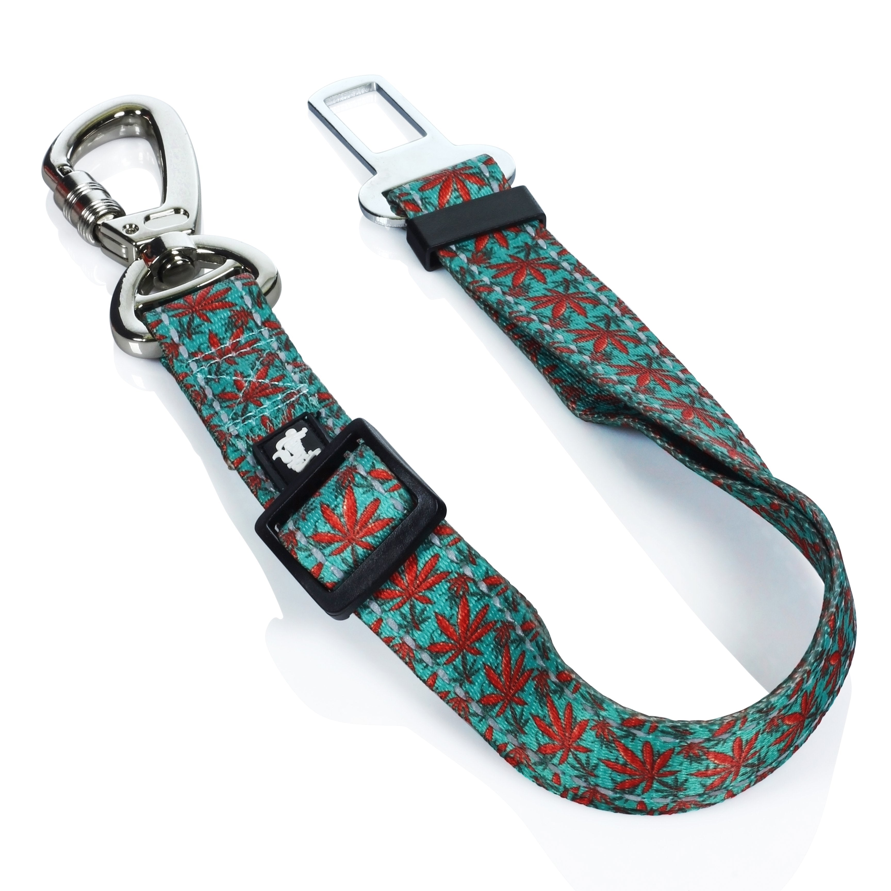 A close-up, angled view of the HeadyPet Seat Belt displaying a patterned fabric strap with a metal clip and buckle.