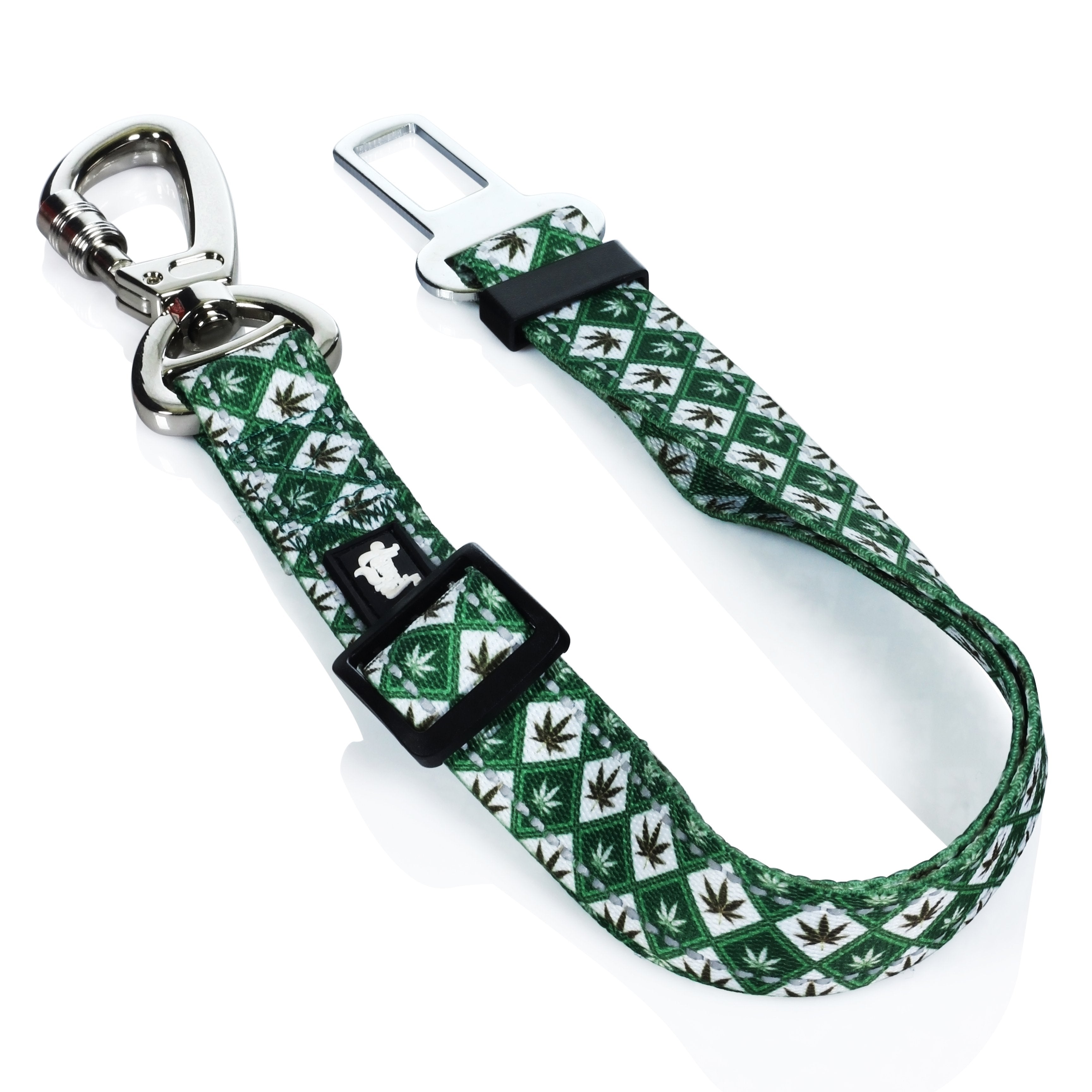 A slightly angled overhead view of the HeadyPet Seat Belt, showing a patterned strap with a metal clip against a plain white background.