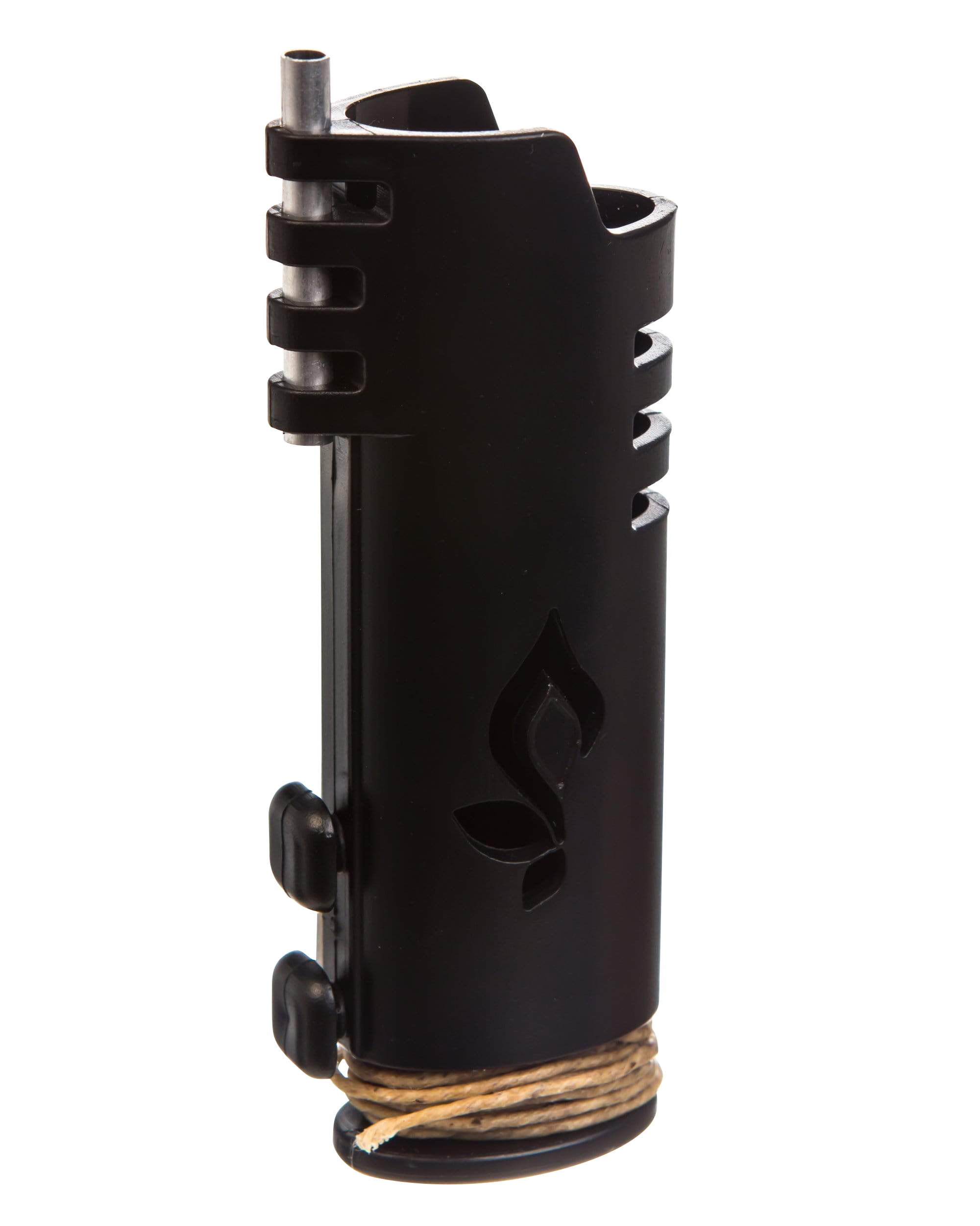 A detailed side view of the Hemplights Wrapper Lighter Case, showcasing its textured black exterior and coiled wrap detail.