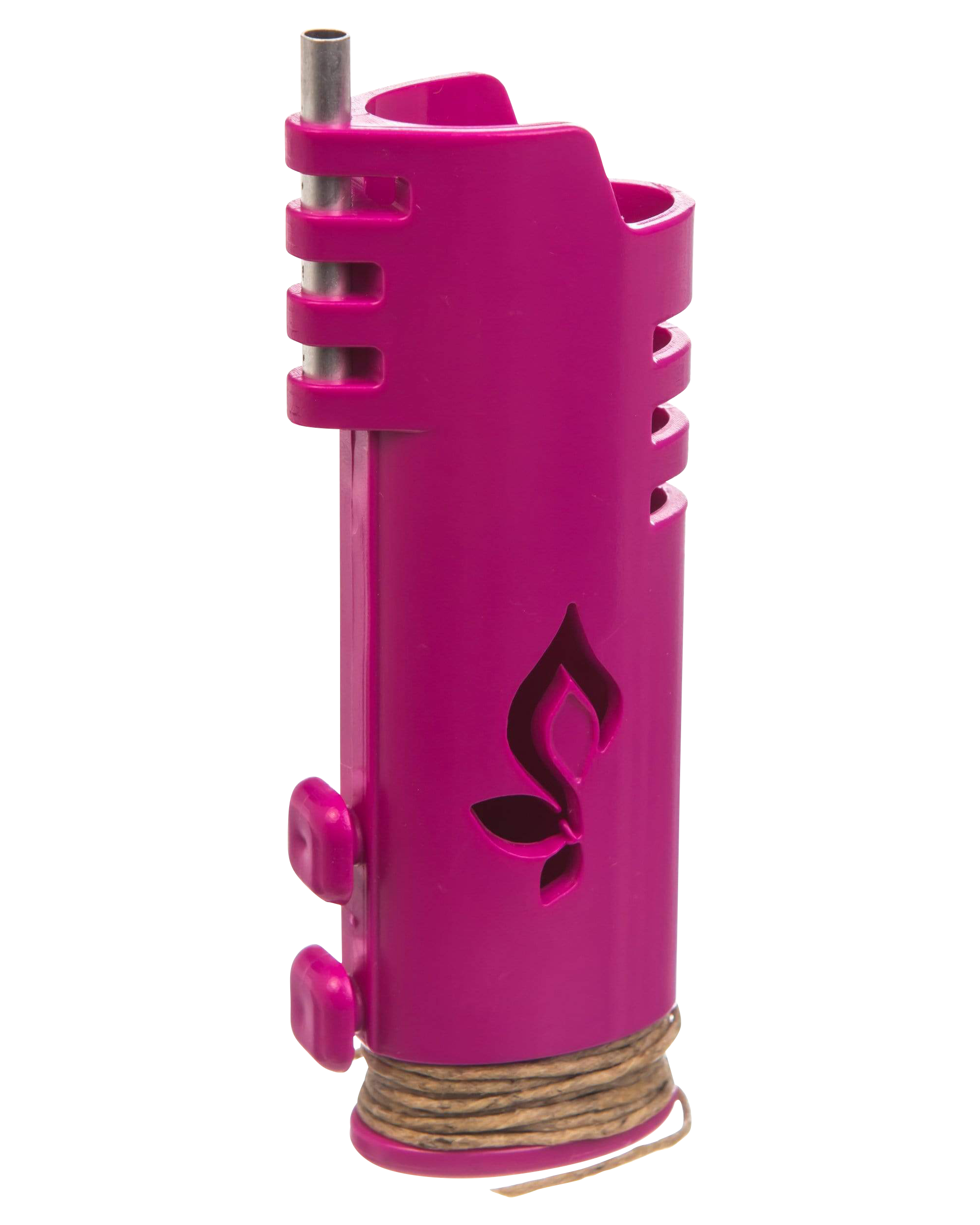 A close-up, angled view of the Hemplights Wrapper Lighter Case, showing its pink, textured exterior and rounded button details.