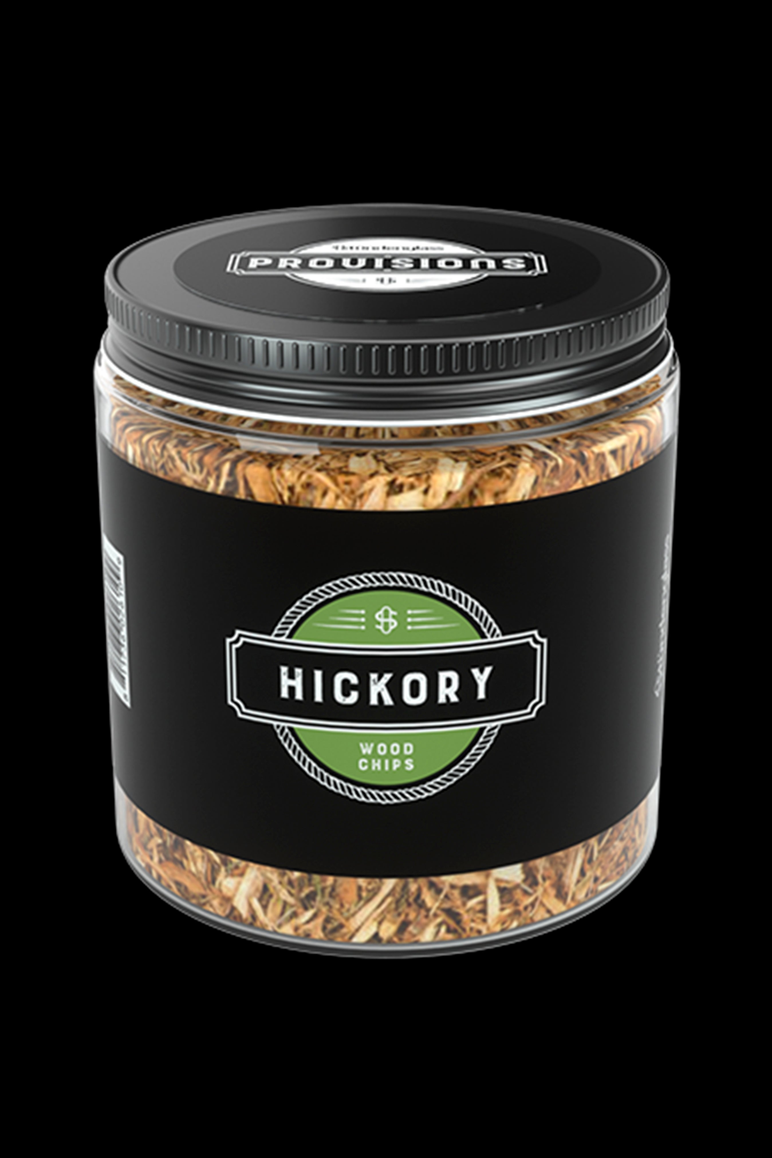 Jar of hickory wood chips branded with cannabis-themed “Provisions” label.