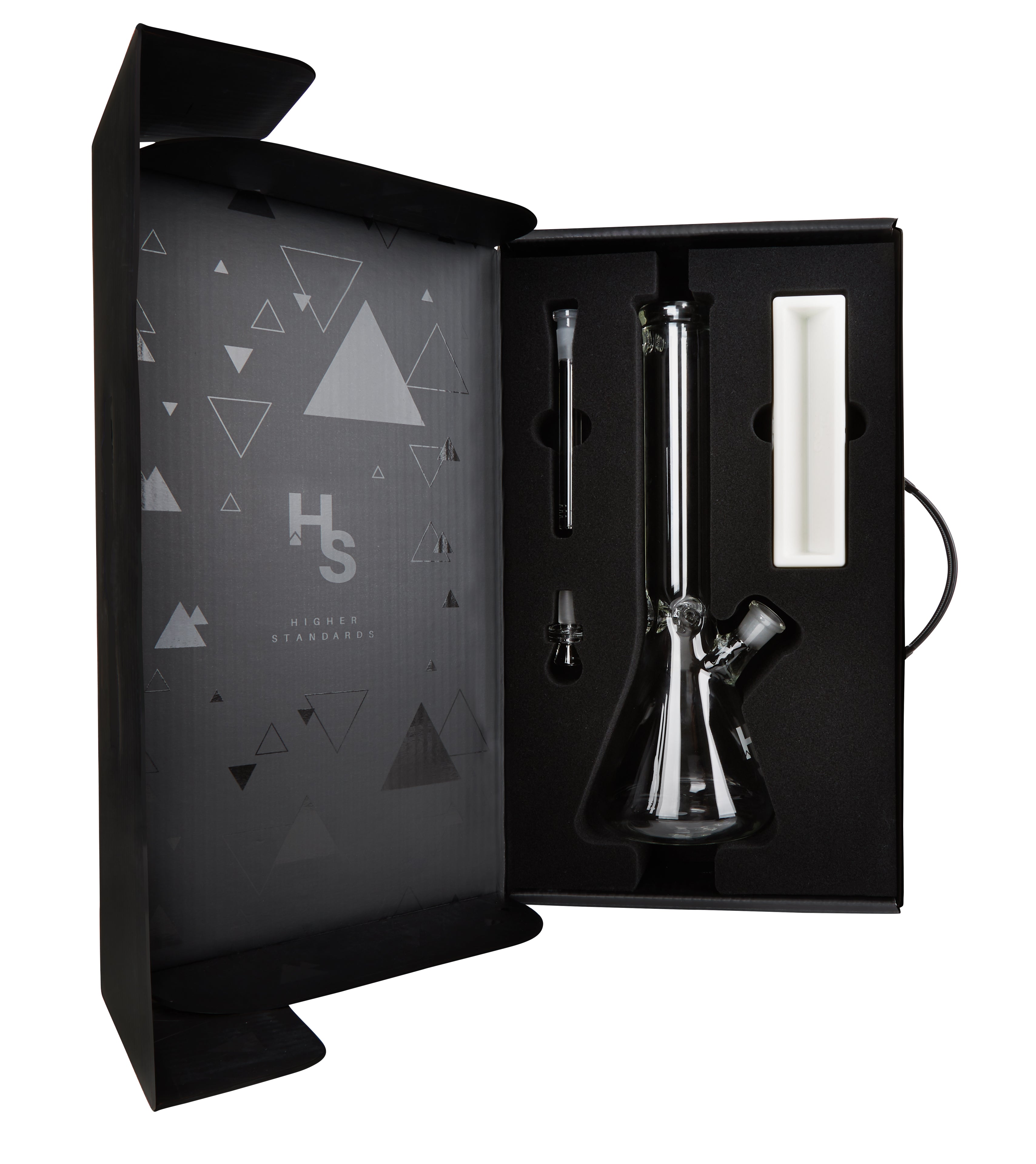 Front view of the Higher Standards Heavy Duty Beaker, showcasing its clear glass construction against a dark, geometric backdrop.