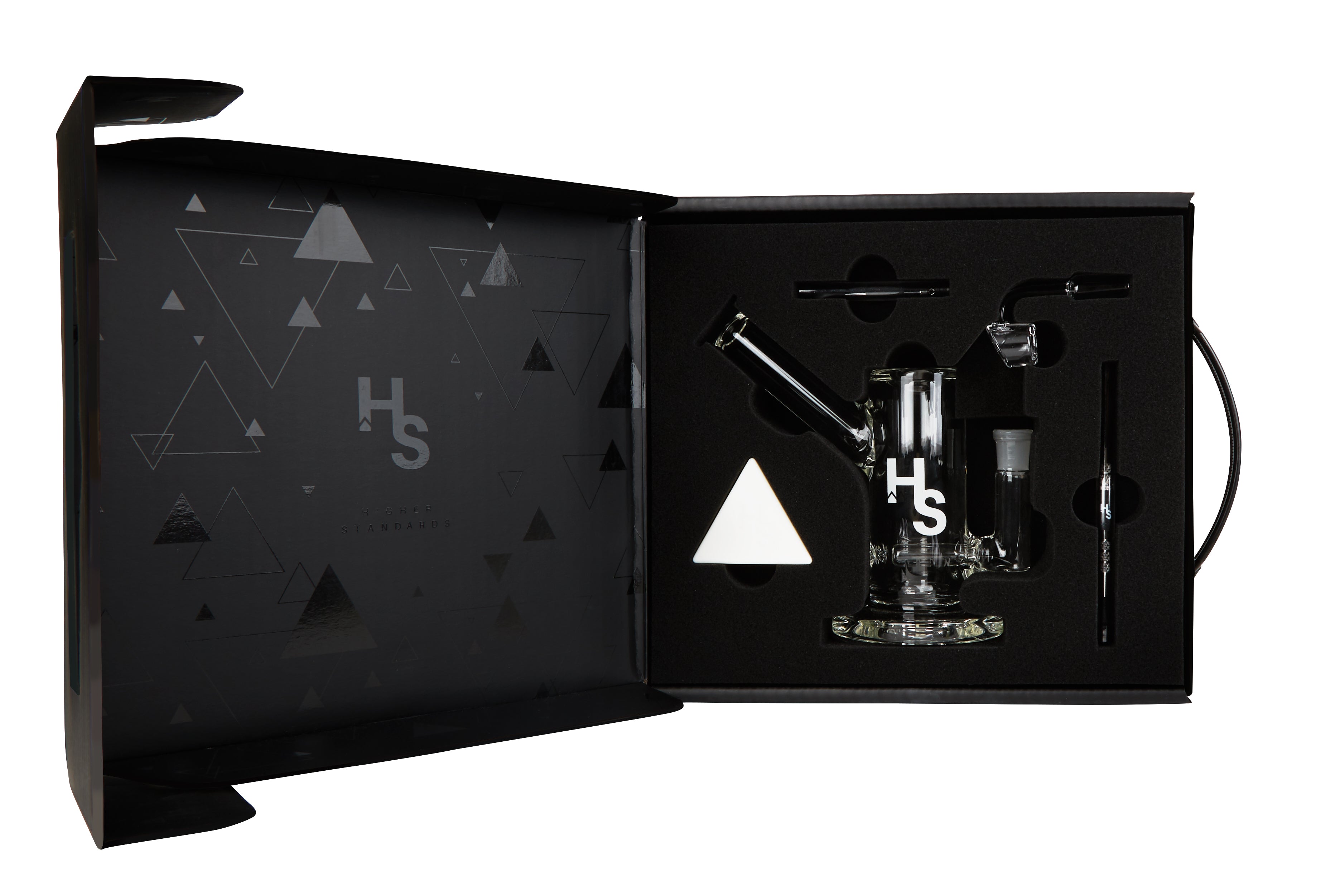 A studio shot displays the Higher Standards Heavy Duty Rig against a dark background with subtle triangular patterns.