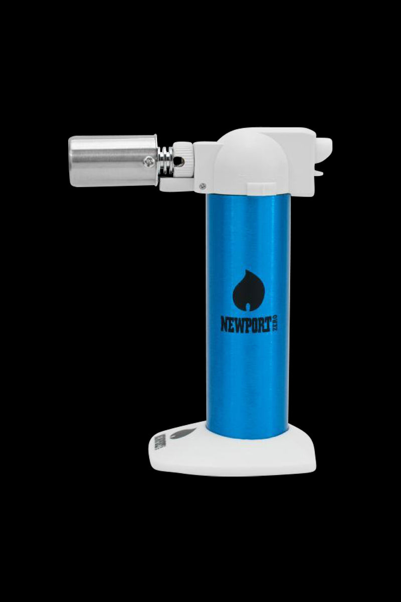 Side view of the Newport Butane Torch Lighter - 6 Inch showing a blue cylindrical body with white top and base against a black background.