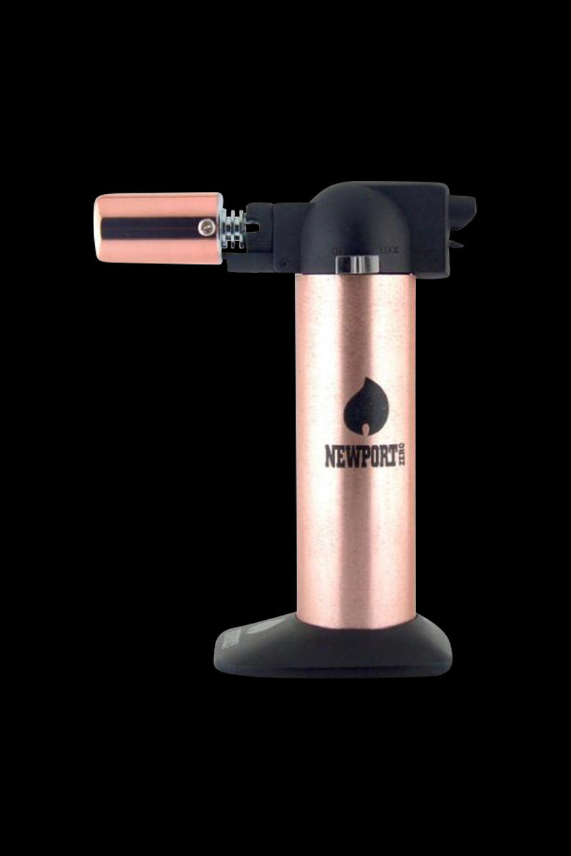 Side view of the Newport Butane Torch Lighter - 6 Inch in a rose-gold metal finish with black top and base against a black background.