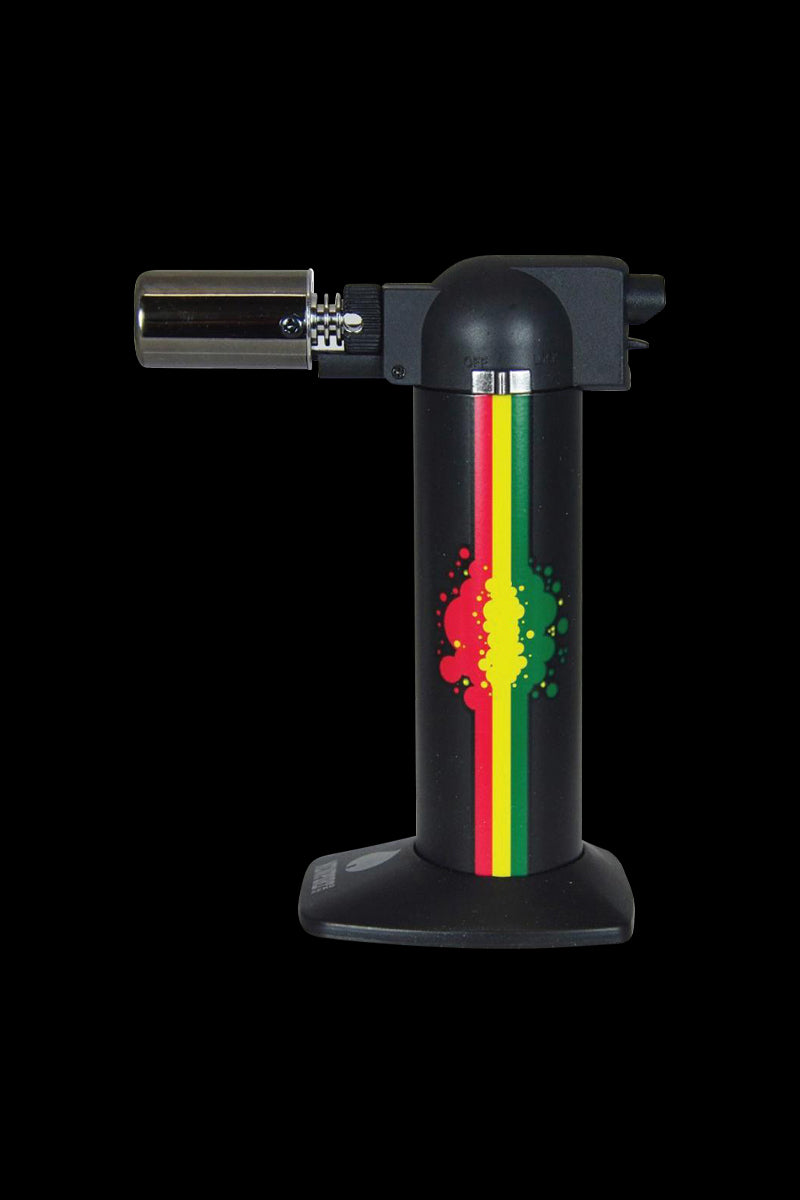 Center-framed side view of the Newport Butane Torch Lighter - 6 Inch with a black body and vertical red-yellow-green stripe graphic against a black background