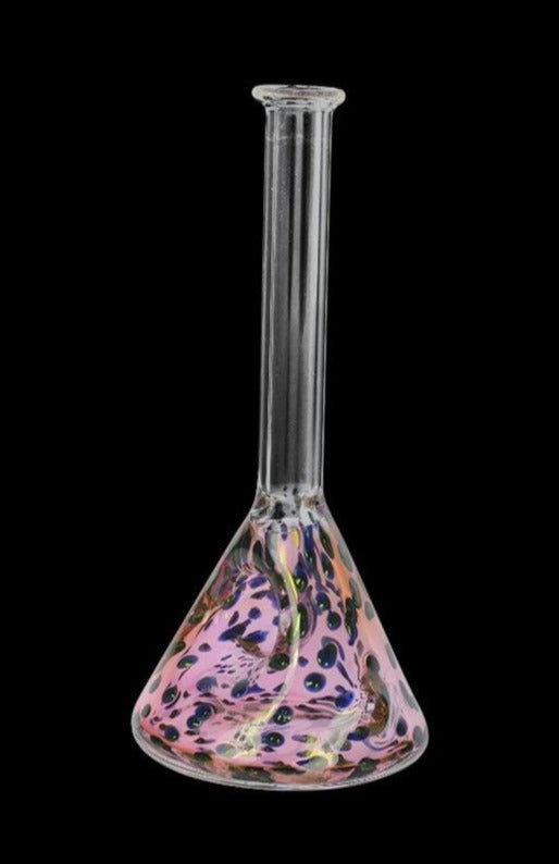 Tall, centered UPC Inside-Out Fumed Beaker Spoon Pipe shown front-on with a clear neck and a pink, spotted fumed base on black.
