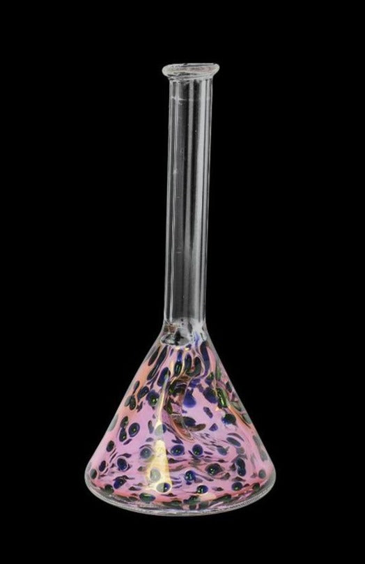 Tall front view of the UPC Inside-Out Fumed Beaker Spoon Pipe showing a clear tubular neck atop a pink, spotted beaker base against a black background