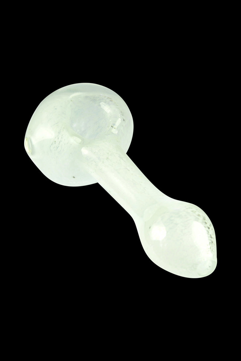 Angled top-down view of the Glassheads Spoon Pipe with Scatter Frit showing its pale, frosted bulb and tapered neck against a black background